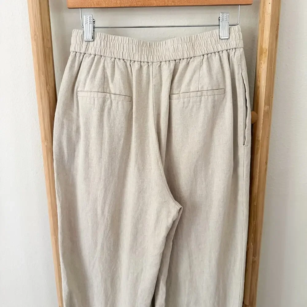 Zara Linen Blend Wide Leg Pants Beige Oatmeal Elastic Waist Size M EUC